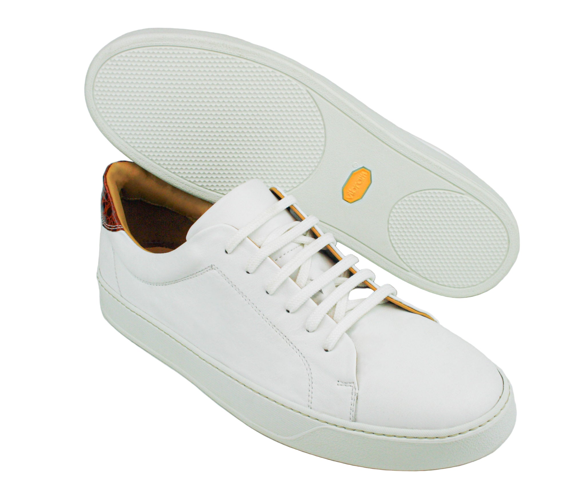 Exclusive white sneaker with brown crocodile heel insert