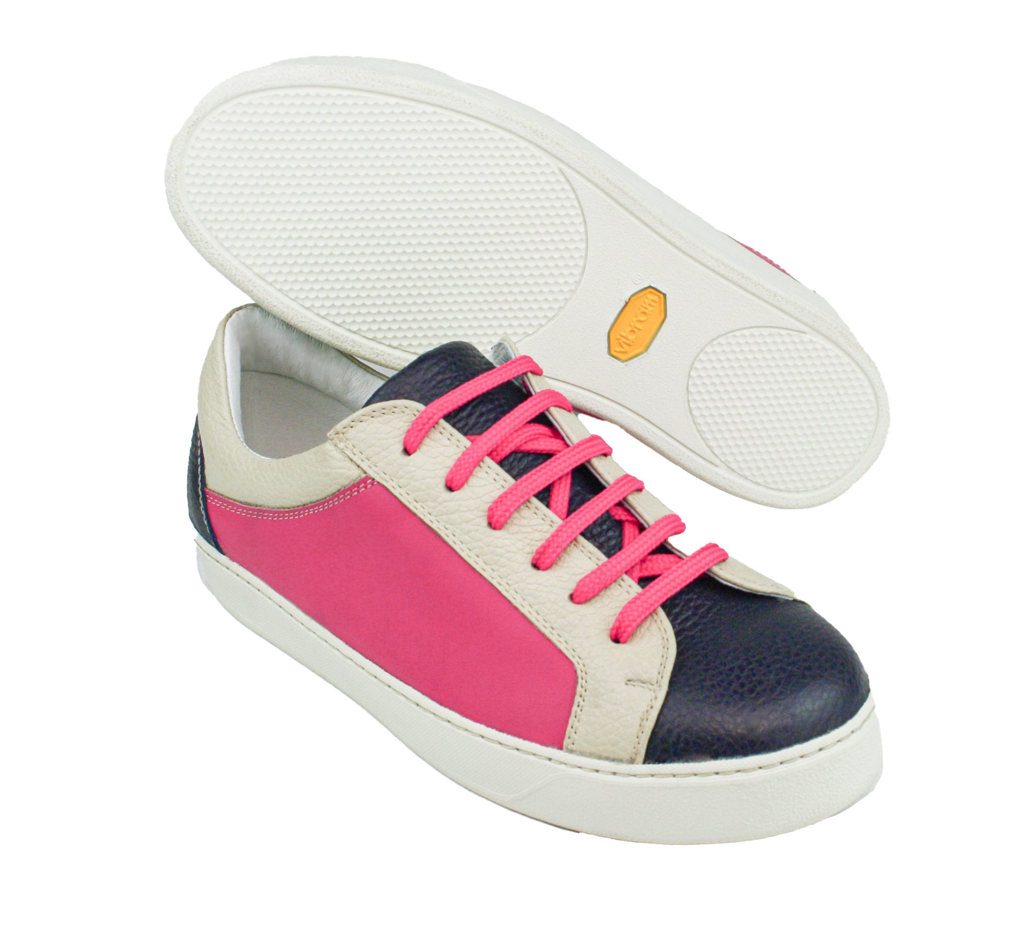 Exclusive dark blue, magenta, and beige sneaker