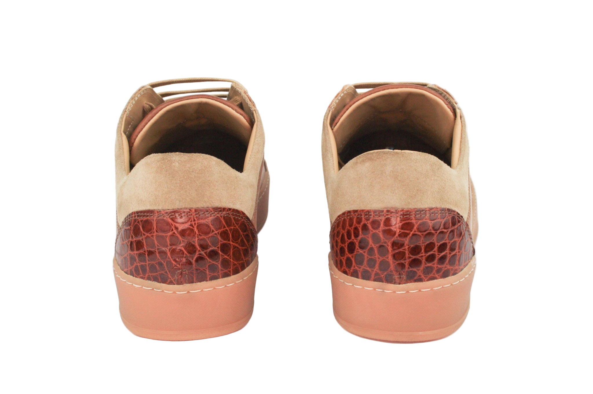 Exclusive brown sneaker, combined with crocodile and suede leather, with beige sole