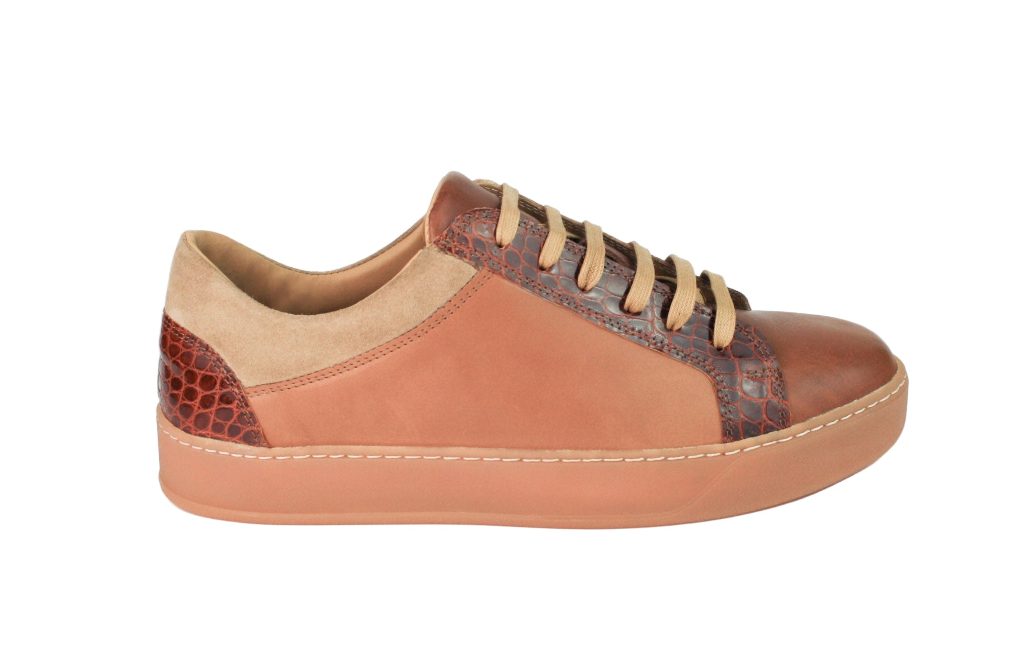 Exclusive brown sneaker, combined with crocodile and suede leather, with beige sole