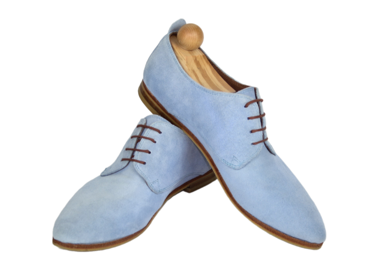 Lace-up light blue suede derby model