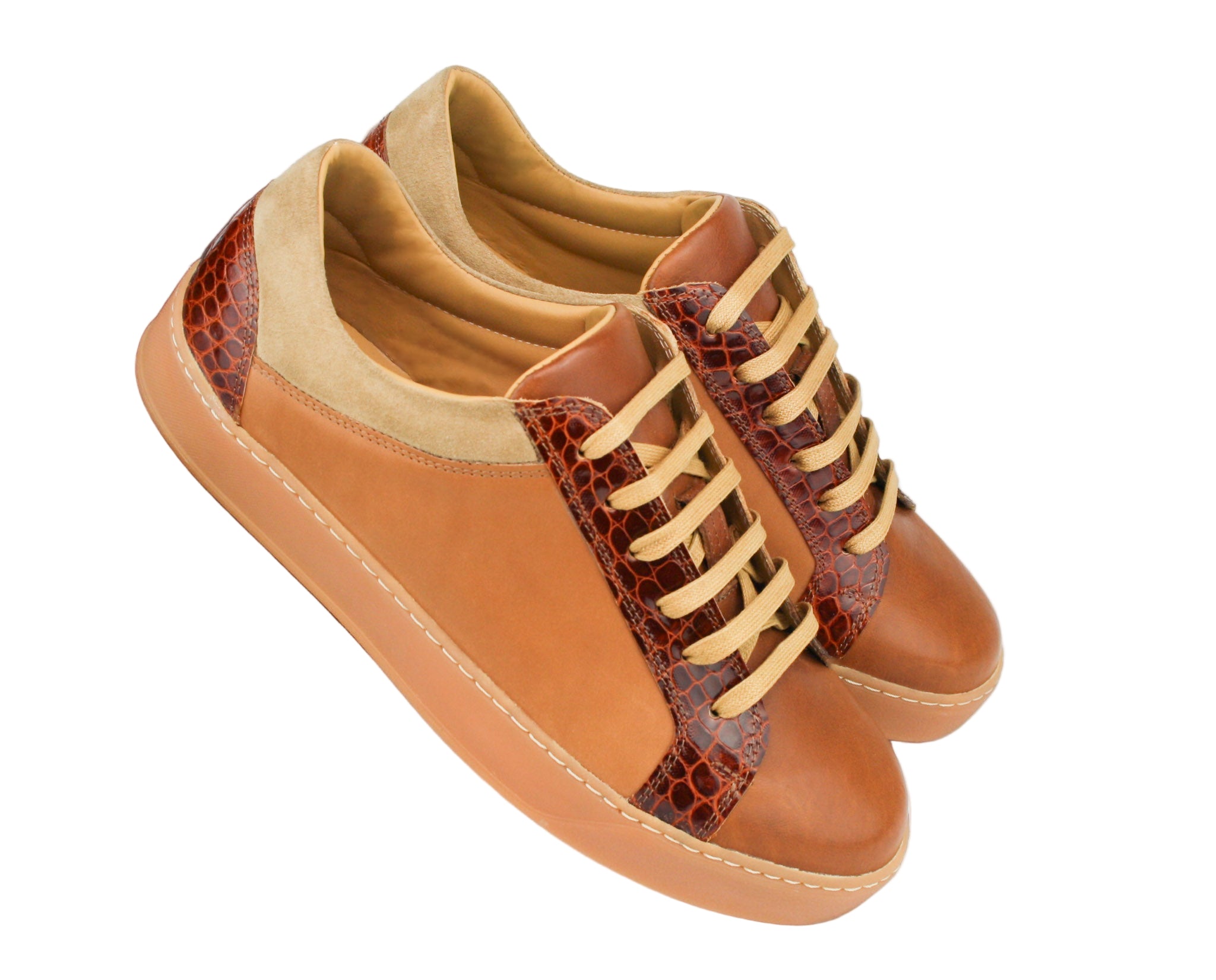 Exclusive brown sneaker, combined with crocodile and suede leather, with beige sole

