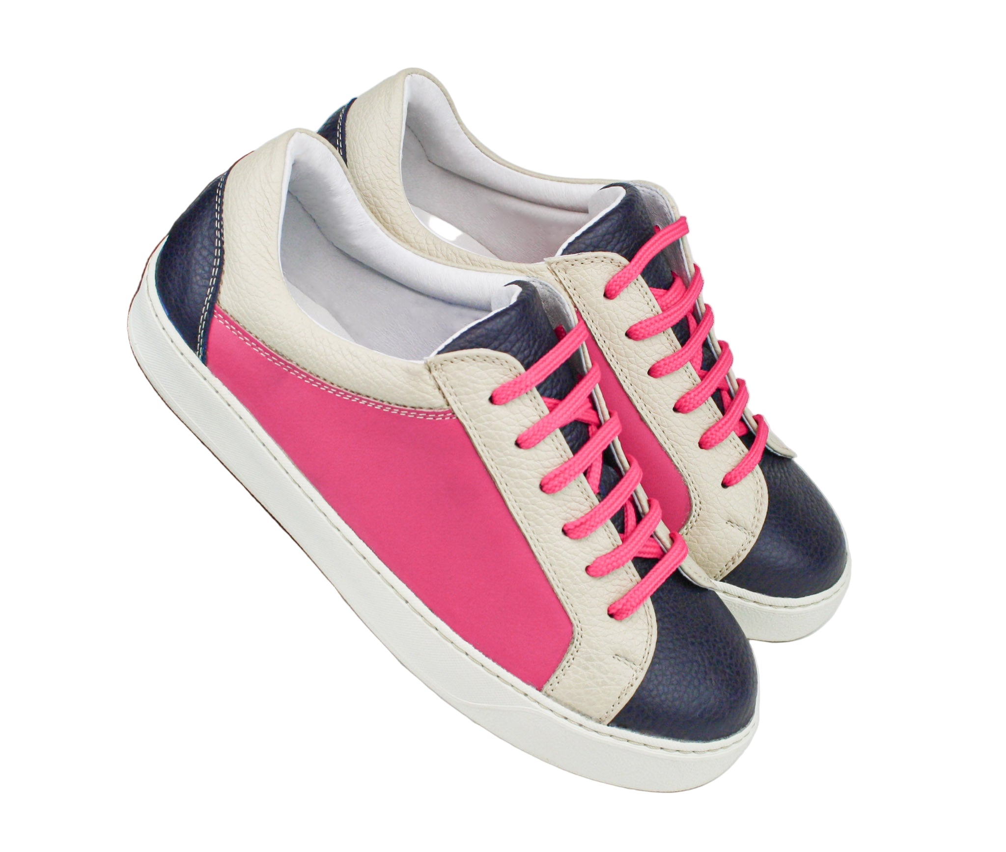 Exclusive dark blue, magenta, and beige sneaker