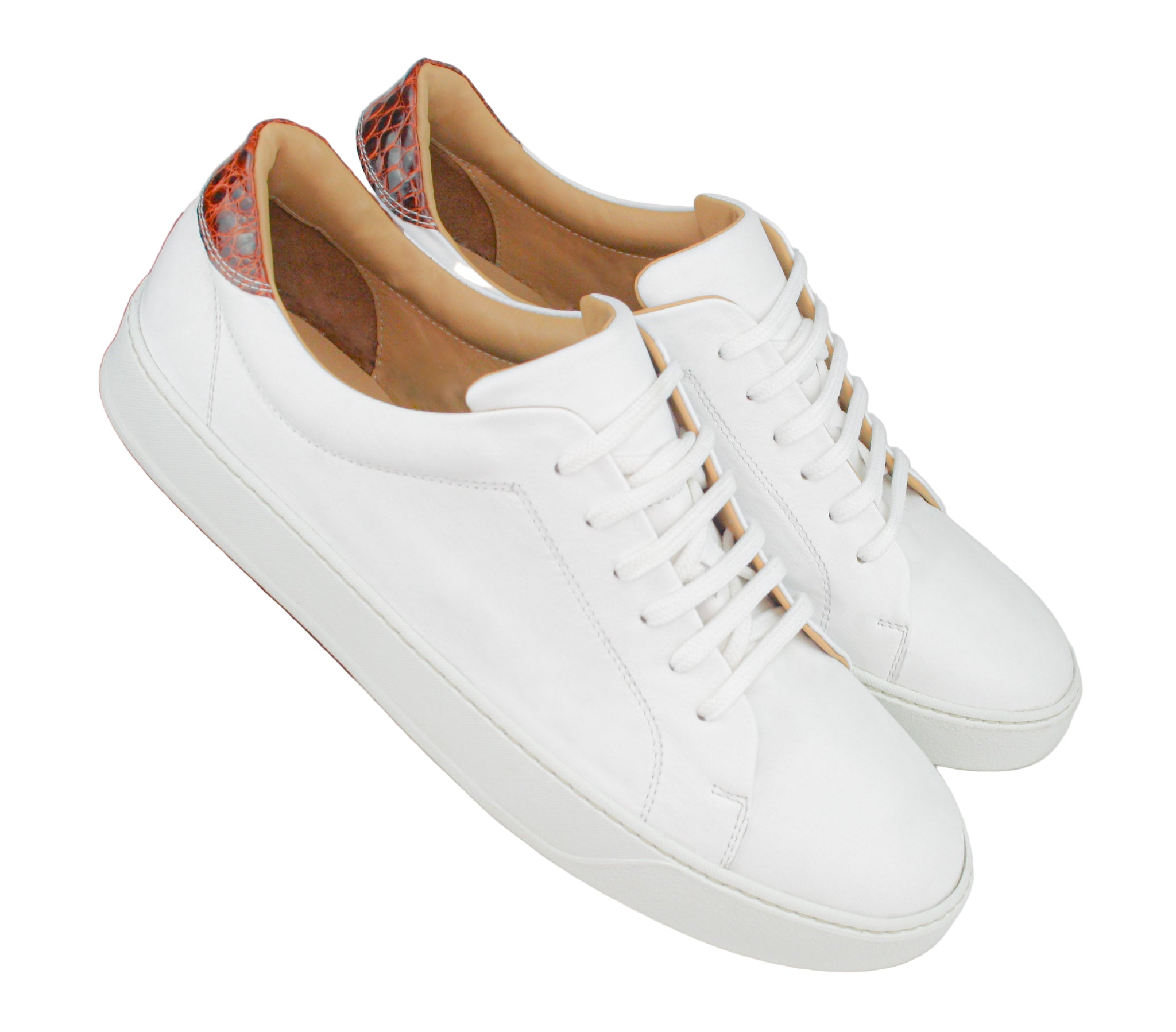 Exclusive white sneaker with brown crocodile heel insert