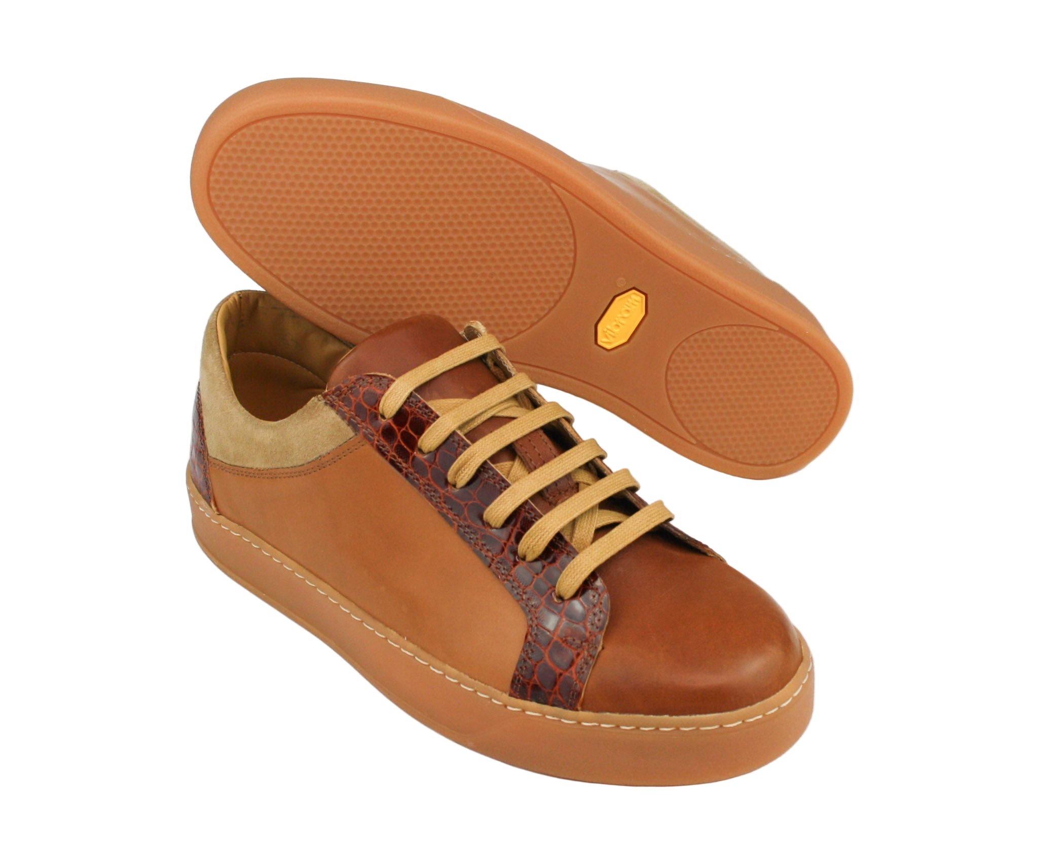 Exclusive brown sneaker, combined with crocodile and suede leather, with beige sole
