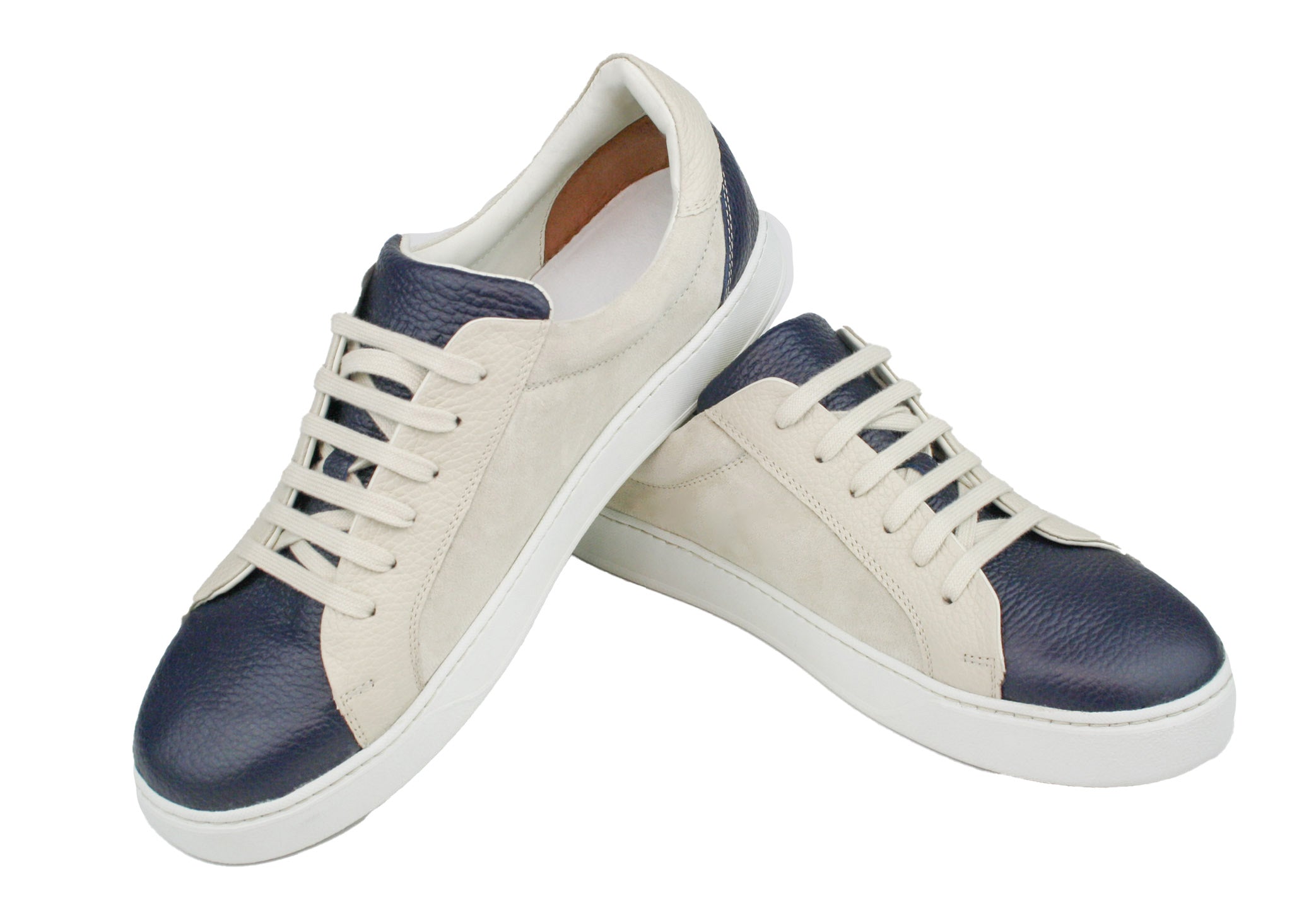 Exclusive dark blue–beige sneaker, combined with suede leather and white sole
