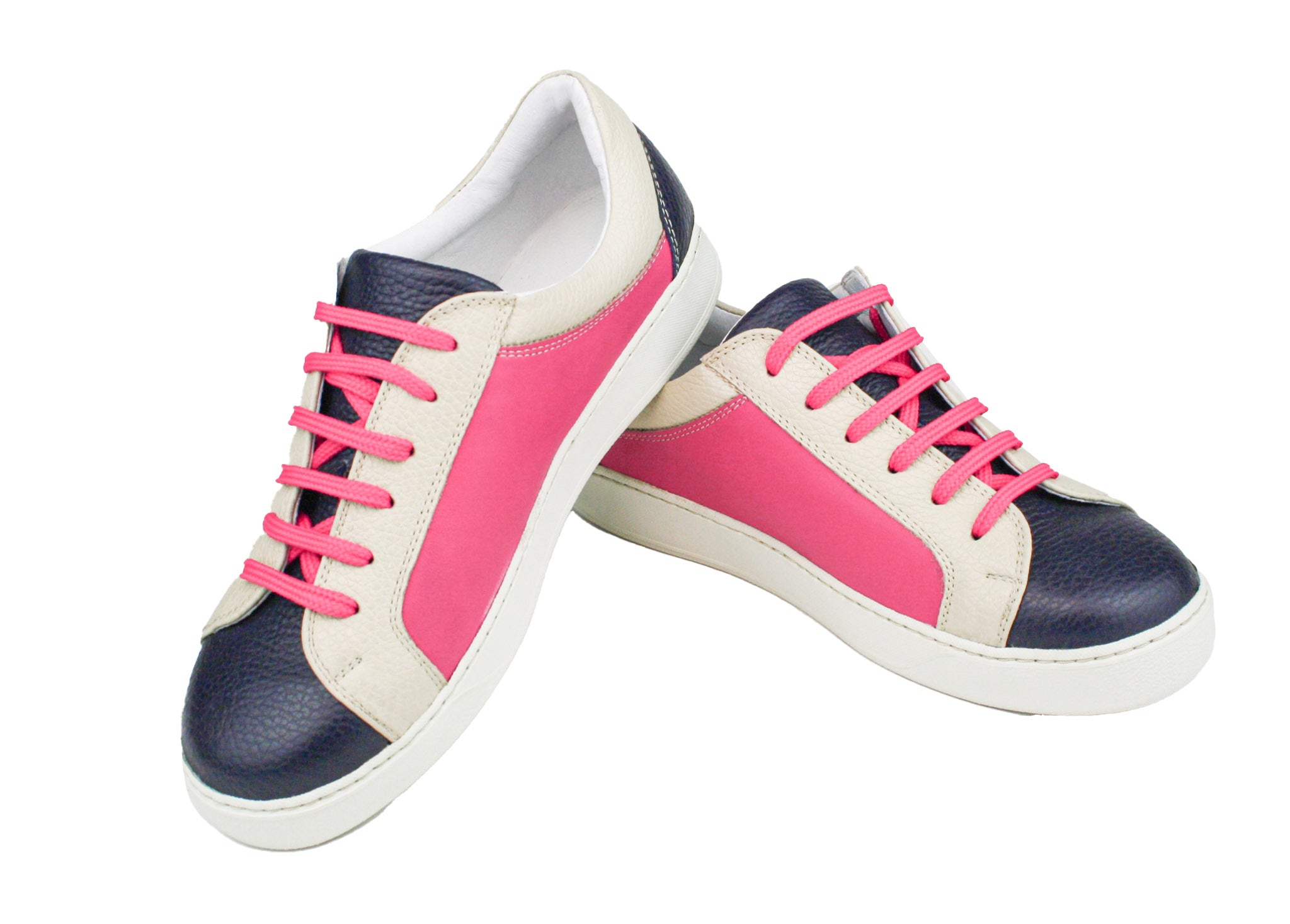 Exclusive dark blue, magenta, and beige sneaker