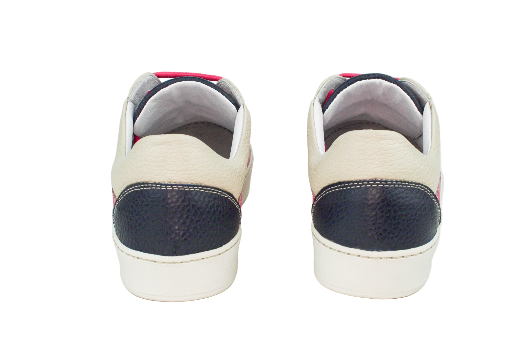 Exclusive dark blue, magenta, and beige sneaker