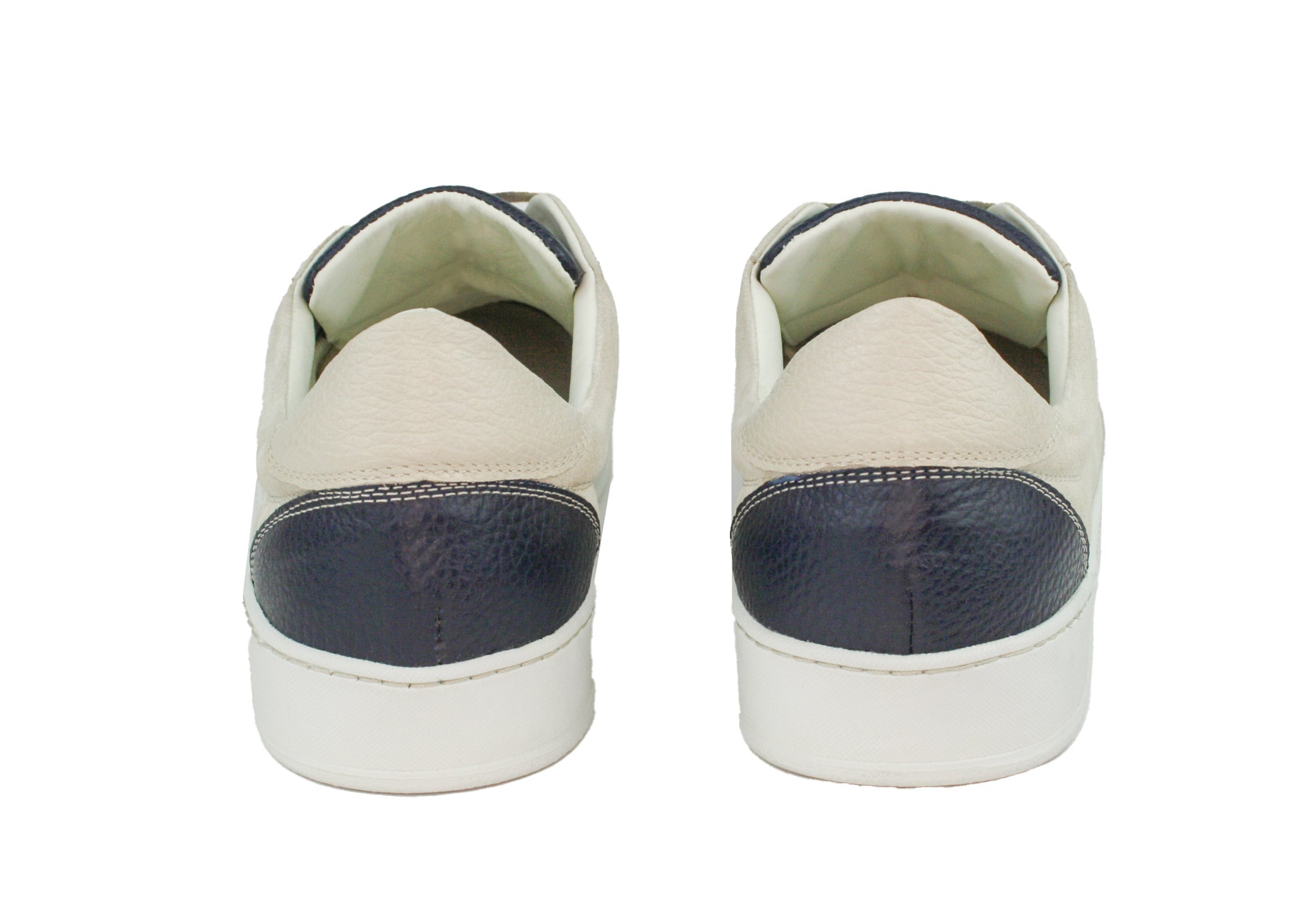 Exclusive dark blue–beige sneaker, combined with suede leather and white sole
