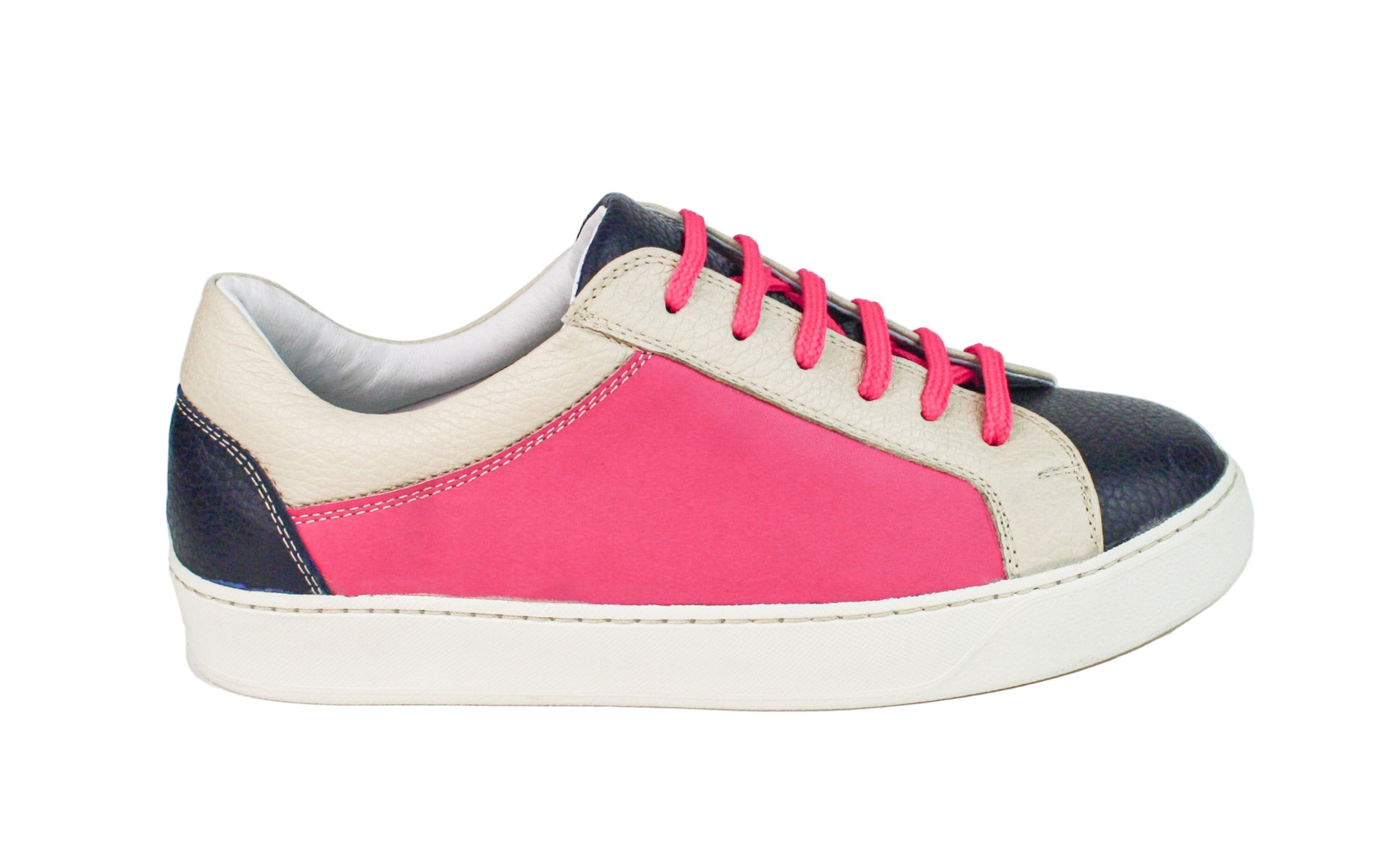 Exclusive dark blue, magenta, and beige sneaker