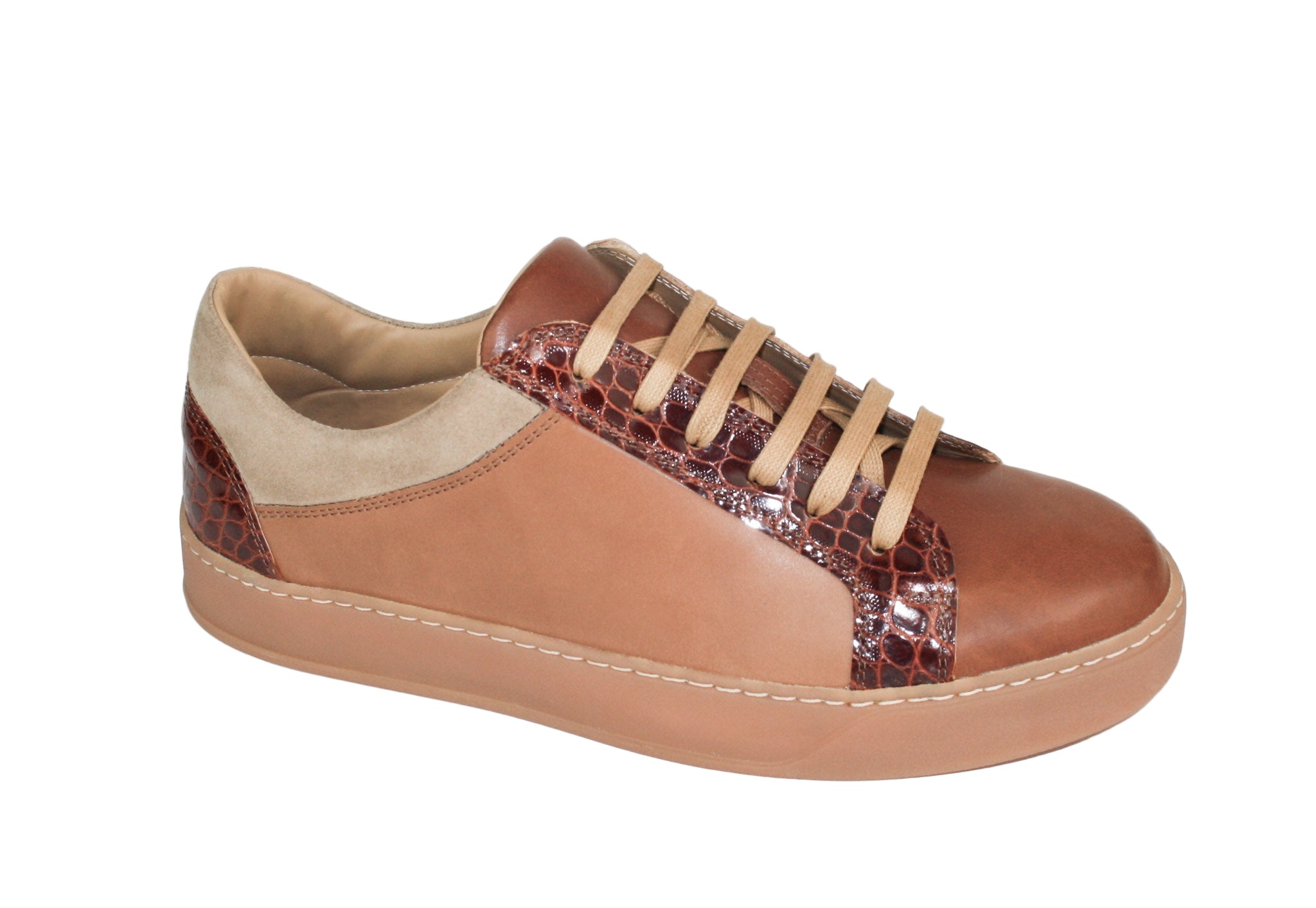 Exclusive brown sneaker, combined with crocodile and suede leather, with beige sole
