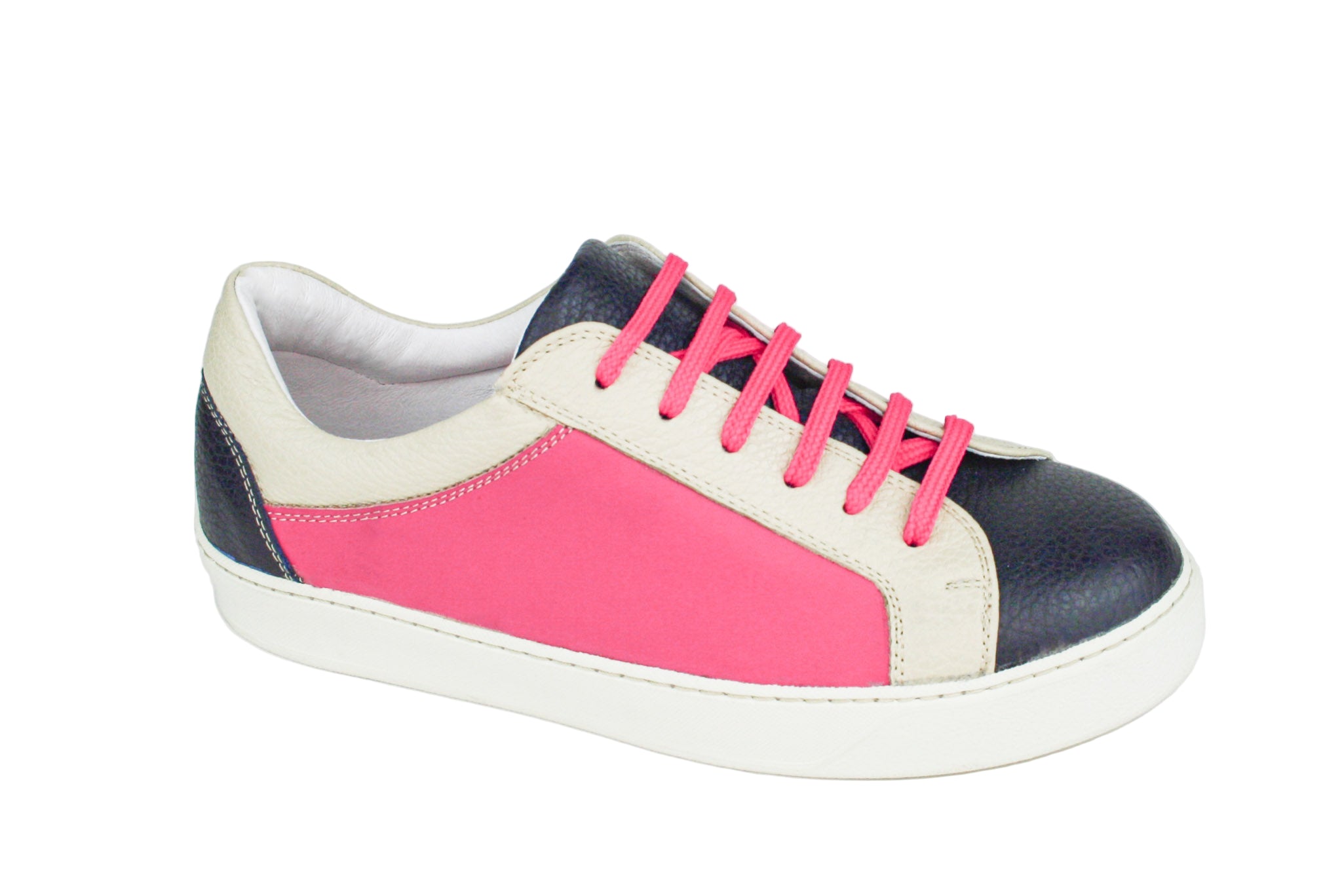 Exclusive dark blue, magenta, and beige sneaker