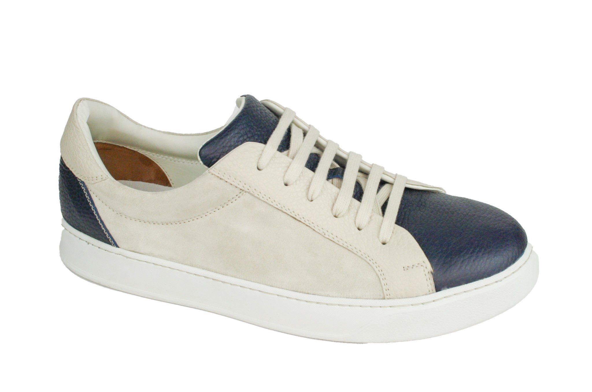 Exclusive dark blue–beige sneaker, combined with suede leather and white sole
